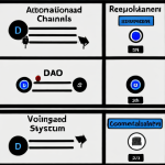 A decentralized autonomous organization (DAO) governance structure with evolving voting systems (token-based, reputation-based, delegated) and active communication channels like online forums and Discord.