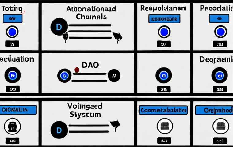 A decentralized autonomous organization (DAO) governance structure with evolving voting systems (token-based, reputation-based, delegated) and active communication channels like online forums and Discord.