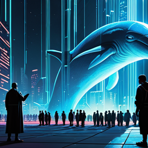 A vibrant, futuristic, and decentralized city, representing the initial utopian ideal of a DAO, with diverse, small figures participating in a grand digital voting process. However, a colossal, glowing data-whale casts a dominant shadow over the scene, its immense size disproportionately influencing the transparent ballot boxes, while the smaller figures appear marginalized and disillusioned. The atmosphere is a mix of initial utopian promise and the harsh reality of concentrated power in a blockchain governance setting. Highly detailed, volumetric lighting, cyberpunk elements, high contrast.