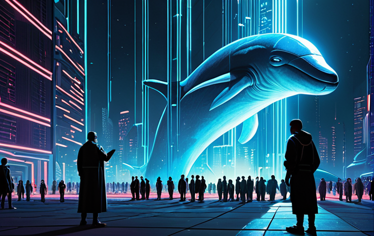 A vibrant, futuristic, and decentralized city, representing the initial utopian ideal of a DAO, with diverse, small figures participating in a grand digital voting process. However, a colossal, glowing data-whale casts a dominant shadow over the scene, its immense size disproportionately influencing the transparent ballot boxes, while the smaller figures appear marginalized and disillusioned. The atmosphere is a mix of initial utopian promise and the harsh reality of concentrated power in a blockchain governance setting. Highly detailed, volumetric lighting, cyberpunk elements, high contrast.